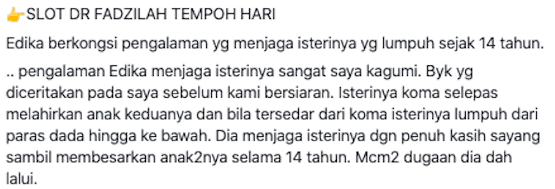 Edika Yusof Sanggup 14 tahun Jaga Isteri Lumpuh, Tahap Kesetiaan Dibanding Dengan Da’i 4 29