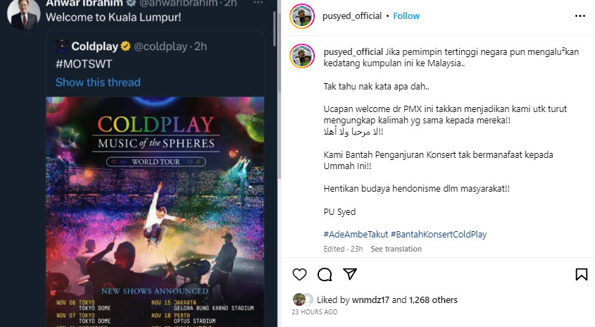 Konsert Blackpink Pun Kena Bantah, PU Syed Sekali Lagi Bersuara Pada Konsert Coldplay 2 coldplay1